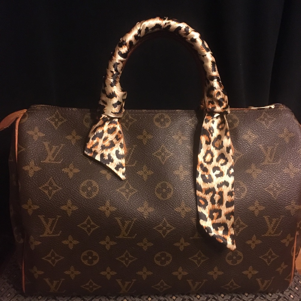 Purse scarf  set 2 black warm brown ivory handle covers leopard design